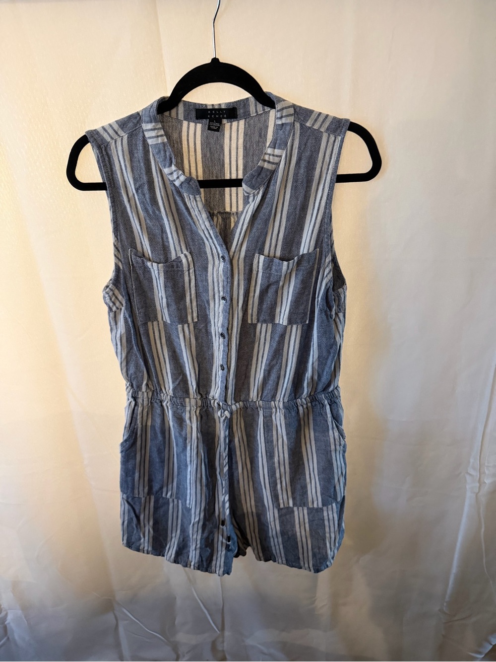 Kelly Renee Button-Front Sleeveless Striped Romper in Blue and White Large